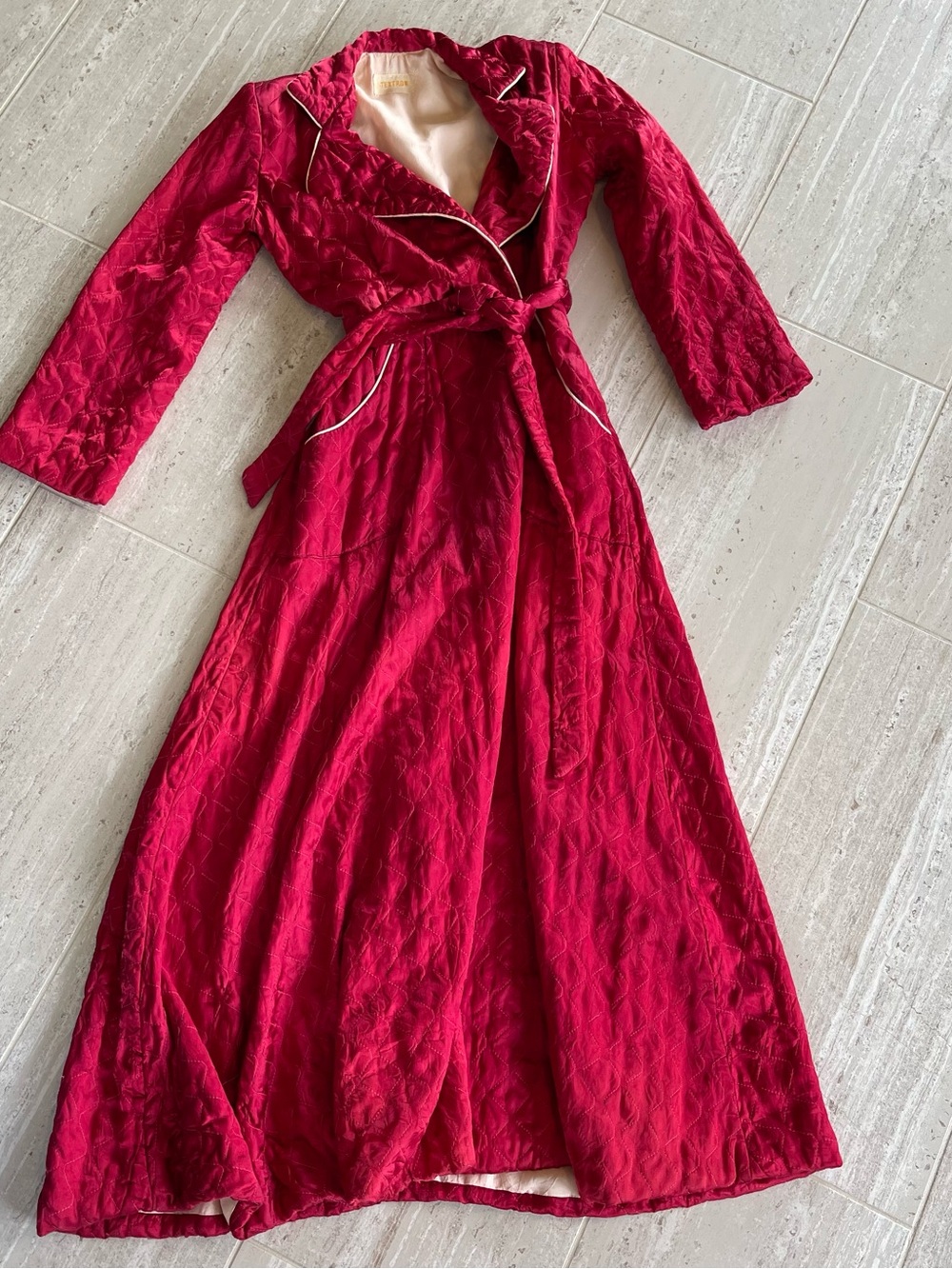 Vintage Women’s Long Satin Quilted Robe in Deep Red, fully lined